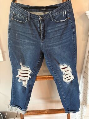 Judy Blue Dark Blue Distressed Boyfriend Jeans with Red Underpatch